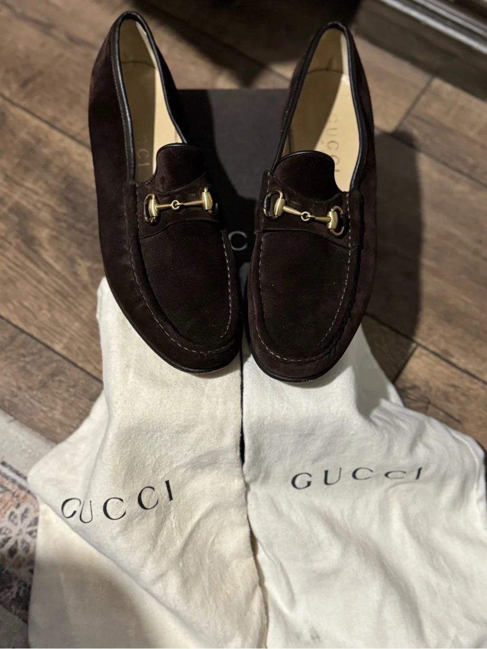 Gucci Men’s Dark Brown Suede Horsebit Loafers With Box and dust bags pre-owned